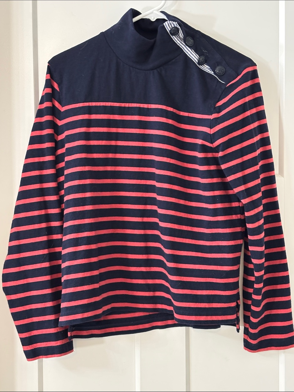 J. CREW Navy & Red Striped Turtleneck Top with Shoulder Buttons